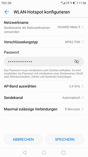 Geben Sie eine WLAN-Hotspot-Passwort mit mindestens 8 Zeichen ein und wählen Sie SPEICHERN
