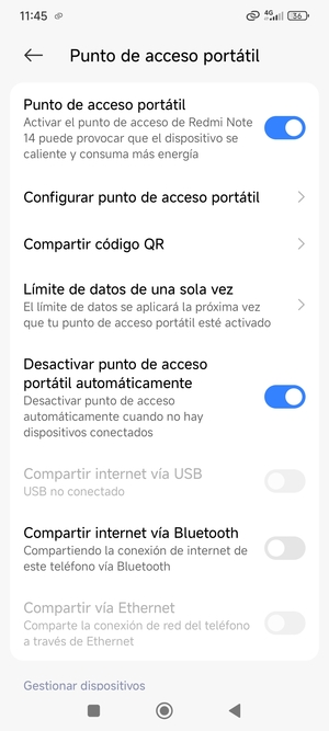 El teléfono ha sido configurado para su uso como módem