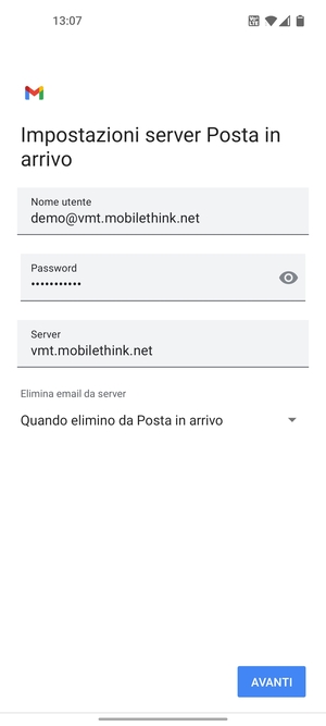 Inserisci Nome utente e l'indirizzo del server di posta in arrivo. Seleziona AVANTI