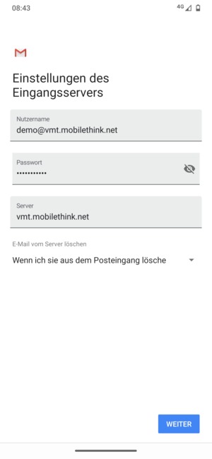 Geben Sie Benutzername und die Server-Adresse für eingehende Post ein. Wählen Sie WEITER