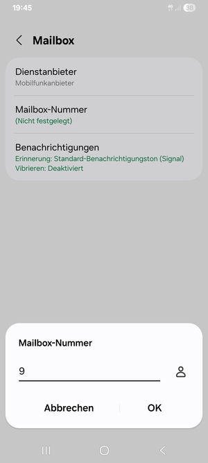 Geben Sie die Mailbox-Nummer ein und wählen Sie OK