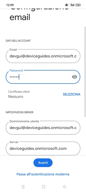 Inserisci Nome utente e l'indirizzo del server Exchange. Seleziona Avanti