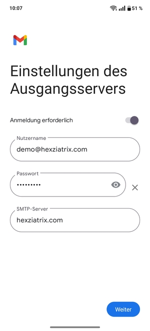 Geben Sie die Server-Adresse für ausgehende Post ein und wählen Sie Weiter