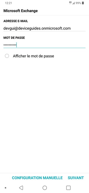 Saisissez votre adresse e-mail et votre mot de passe. Sélectionnez CONFIGURATION MANUELLE
