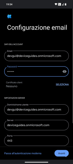 Inserisci Nome utente e l'indirizzo del server Exchange. Seleziona Avanti
