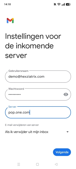 Voer Gebruikersnaam en binnenkomend serveradres in. Selecteer Volgende