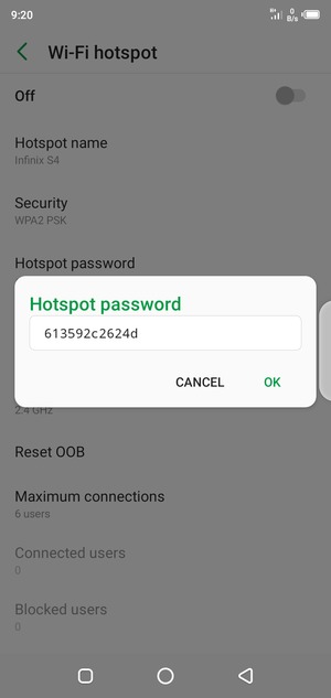 Enter a Wi-Fi hotspot password of at least 8 characters and select OK