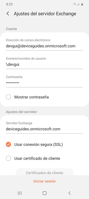 Introduzca Nombre de usuario y la dirección de servidor Exchange. Seleccione Iniciar sesión