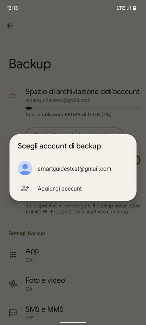 Seleziona il tuo account di backup