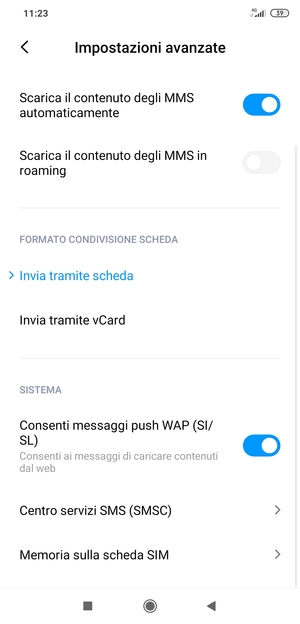 Seleziona Centro servizi SMS (SMSC)