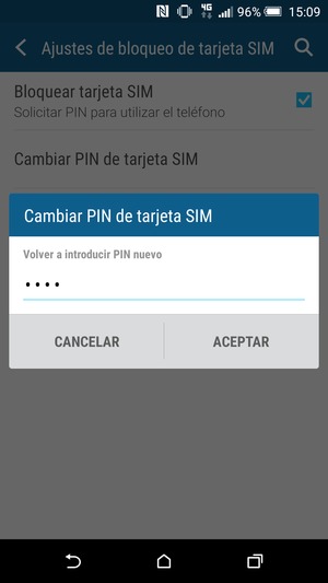 Confirme su nuevo PIN de tarjeta SIM y seleccione ACEPTAR