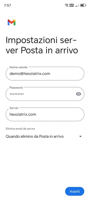 Inserisci Nome utente e l'indirizzo del server di posta in arrivo. Seleziona Avanti