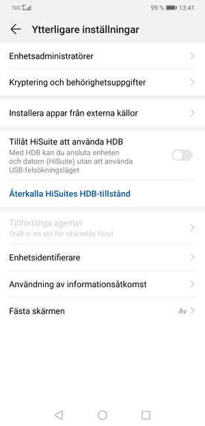 Välj Kryptering och behörighetsuppgifter
