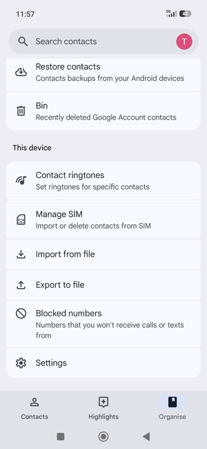 Scroll to and select Manage  SIM