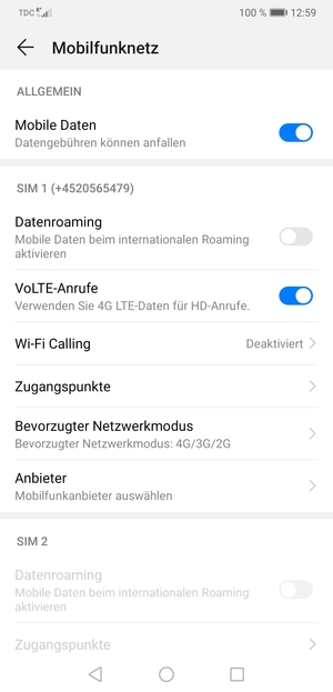 Scrollen Sie zu SIM 1 oder SIM 2 und wählen Sie Zugangspunkte