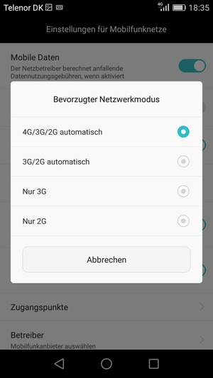 Wählen Sie Nur 2G / Nur GSM, um 2G zu aktivieren