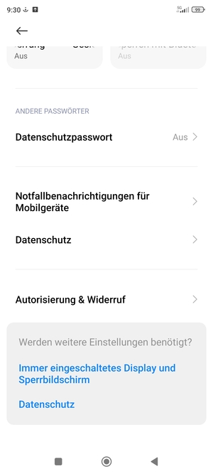 Scrollen Sie und wählen Sie Datenschutz