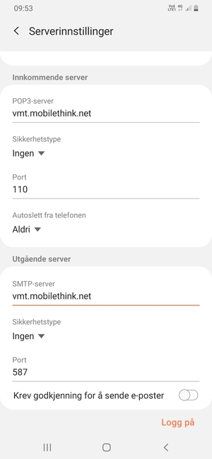 Slå av Krev godkjenning for å sende e-poster og velg Logg på