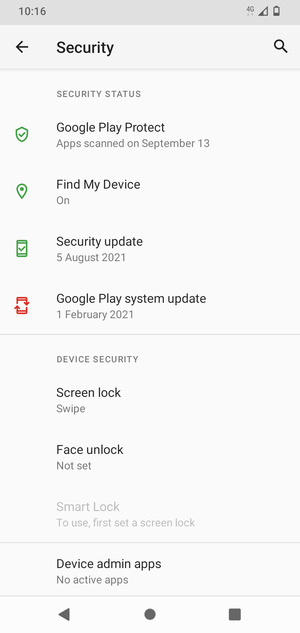 To activate your screen lock, go to the Security menu and select Screen lock