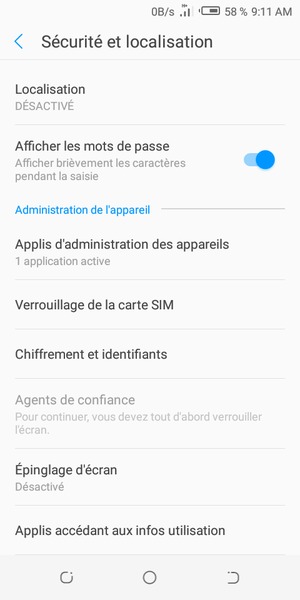 Pour modifier le code PIN de la carte SIM, retournez dans le menu Sécurité et localisation et sélectionnez Verrouillage de la carte SIM