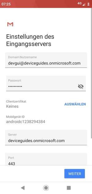 Geben Sie Benutzername und Exchange Server-Adresse ein. Wählen Sie WEITER