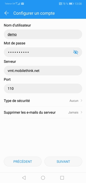 Saisissez votre Nom d'utilisateur et l'adresse du serveur entrant. Sélectionnez SUIVANT