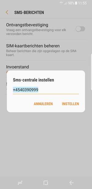 Voer het Sms-centrale nummer in en selecteer INSTELLEN