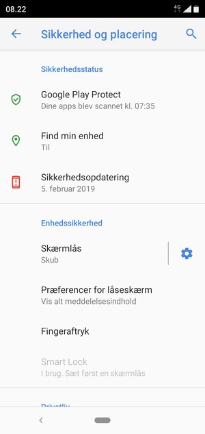 For at aktivere din skærmlås, gå til menuen Sikkerhed og placering og vælg Skærmlås