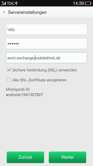 Geben Sie Benutzername und Exchange Server-Adresse ein. Wählen Sie Weiter