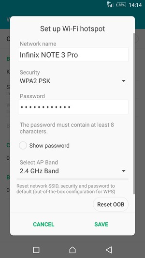 Enter a Wi-Fi hotspot password of at least 8 characters and select SAVE