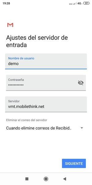 Introduzca Nombre de usuario y la dirección de servidor entrante. Seleccione SIGUIENTE