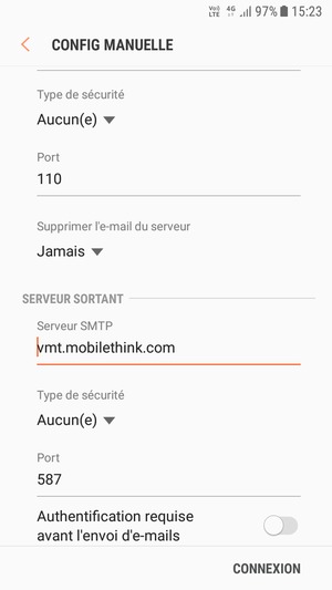 Désactiver Authentification requise avant l'envoi d'e-mails et sélectionnez CONNEXION