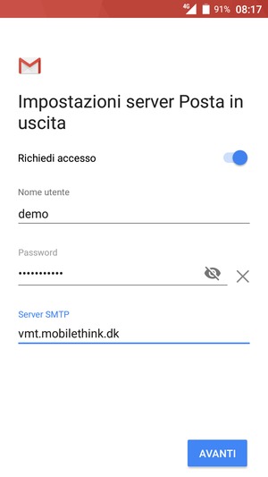 Inserisci l'indirizzo del server di posta in uscita e seleziona AVANTI
