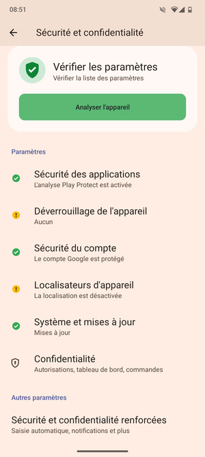 Pour modifier le code PIN de la carte SIM,  allez dans le menu Sécurité et confidentialité et sélectionnez Sécurité et confidentialité renforcées