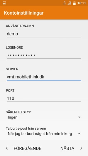 Ange ANVÄNDARNAMN och inkommande serveradress. Välj NÄSTA