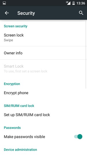 To activate your screen lock, go to the Security menu and select Screen lock