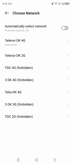 Select a network operator from the list