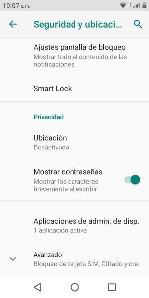 Para cambiar el PIN de la tarjeta SIM, vuelva al menú Seguridad y ubicación y seleccione Avanzado