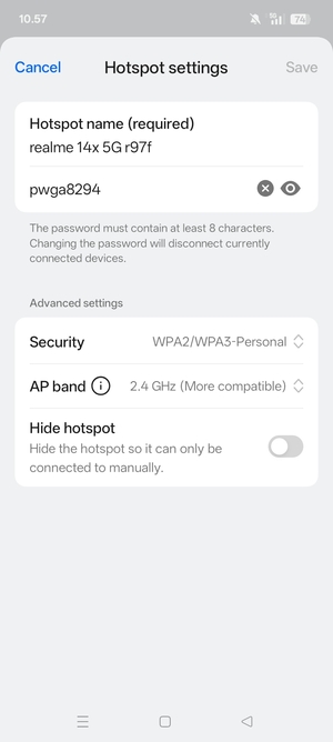 Enter a Wi-Fi hotspot password of at least 8 characters and select Save