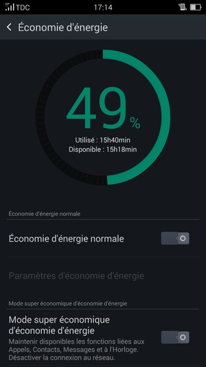 Pour activer Mode super économique d'économie d'énergie, retournez au menu Économie d'énergie