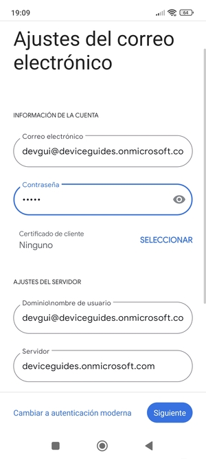 Introduzca Correo electrónico y la dirección de servidor Exchange. Seleccione Siguiente