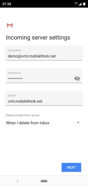Enter Username and Incoming server address. Select NEXT