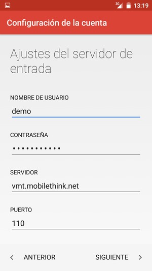 Introduzca Nombre de usuario y la dirección de servidor entrante