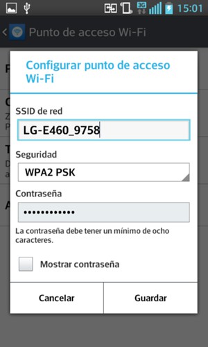 Introduzca una contraseña de punto de acceso Wi-Fi de al menos 8 caracteres y seleccione Guardar