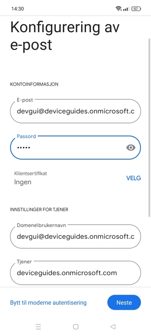 Skriv inn Brukernavn og Exchange-serveradresse. Velg Neste