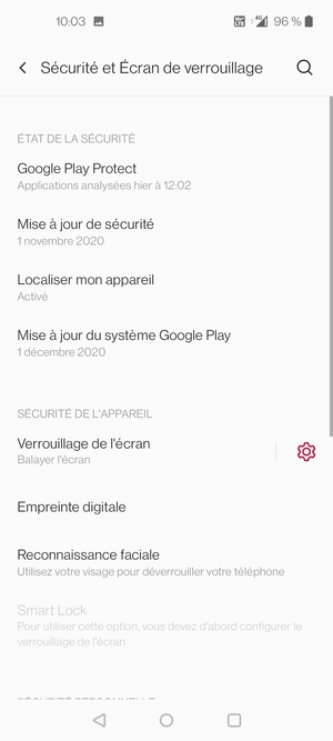 Pour activer votre écran de verrouillage, allez dans le menu Sécurité et Écran de verrouillage et sélectionnez Verrouillage de l'écran