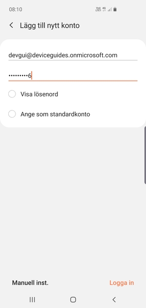 Ange din e-postadress och lösenord. Välj Manuell inst.
