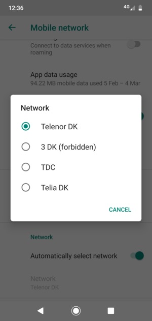 Select a network operator from the list