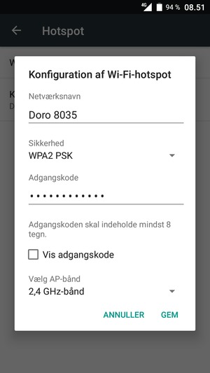Indtast en Wi-Fi-hotspot adgangskode på minimum 8 tegn og vælg GEM