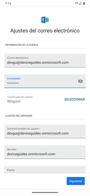 Introduzca Nombre de usuario y la dirección de servidor Exchange. Seleccione Siguiente